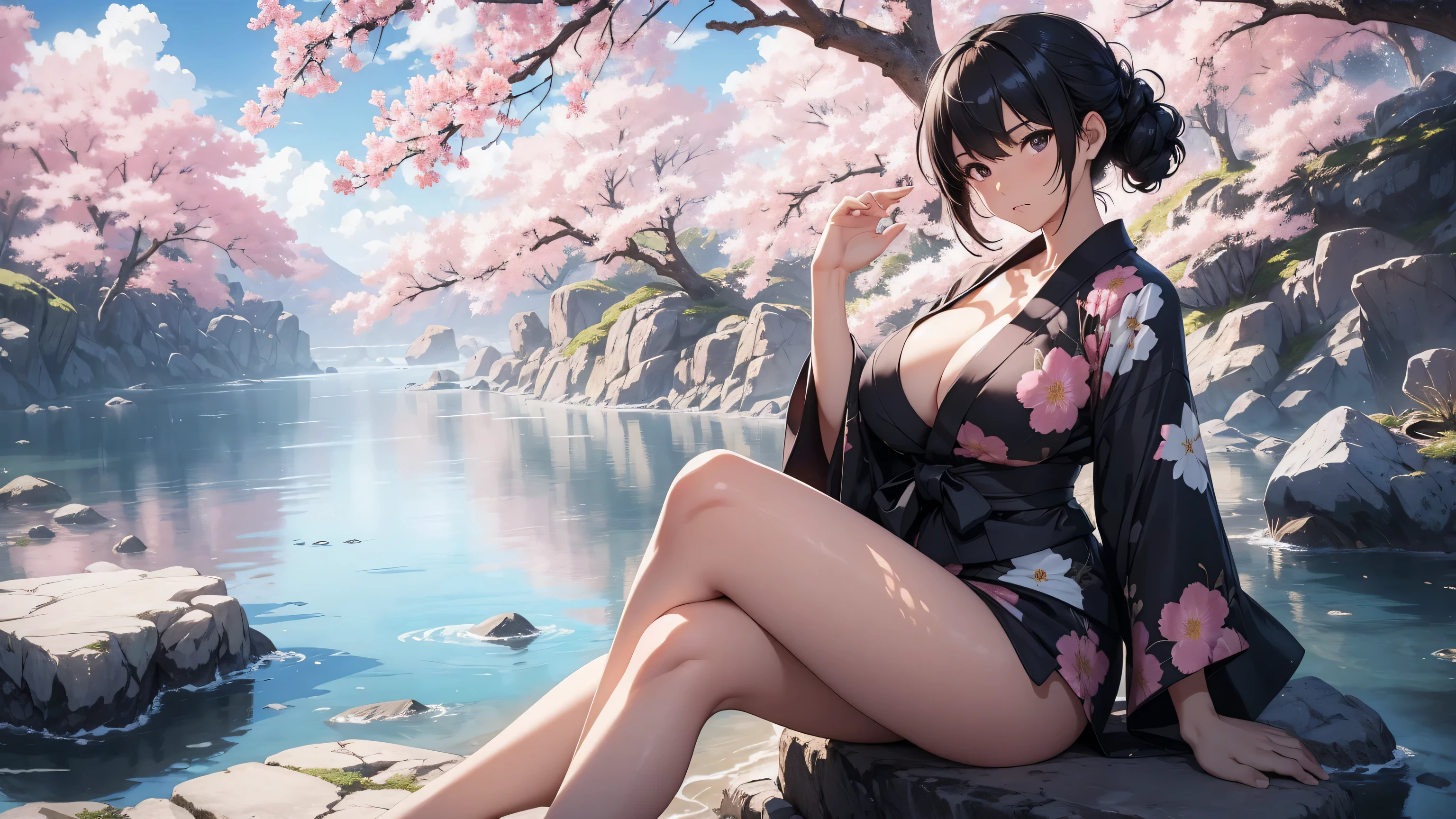 4k, masterpiece, highest quality,  full body, bikini with yukata, big breasts, black hair, embarrased, full height, clear eyes, intricate detailed, dramatic, makoto shinkai, sitting on rock under sakura tree, midnight