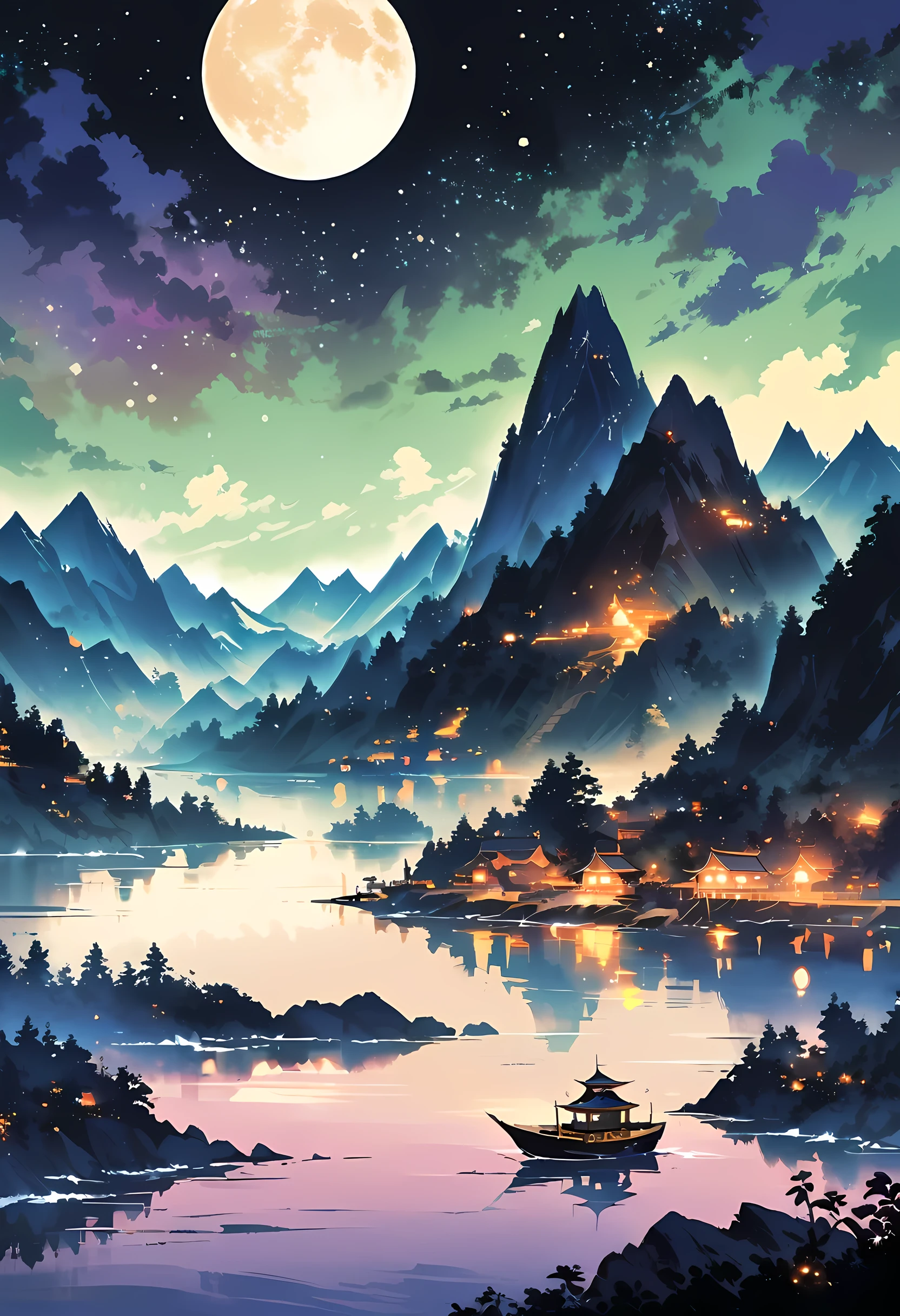 Boat on the mountain and river ink painting in the night sky