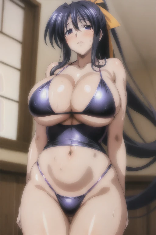 Akeno,mature woman, (bouncing breasts), moaning, from below, downstairs in the bedroom, sweaty, steamy, (shiny skin), big breasts, (focusing on huge breasts), large areolas, hanging breasts, leaning forward, seductive smile, blushing, looking at the viewer, naked, lips parted,(bikini,double v-strap thong), pussy, thin waist, curvy figure, very thick thighs, sweaty body