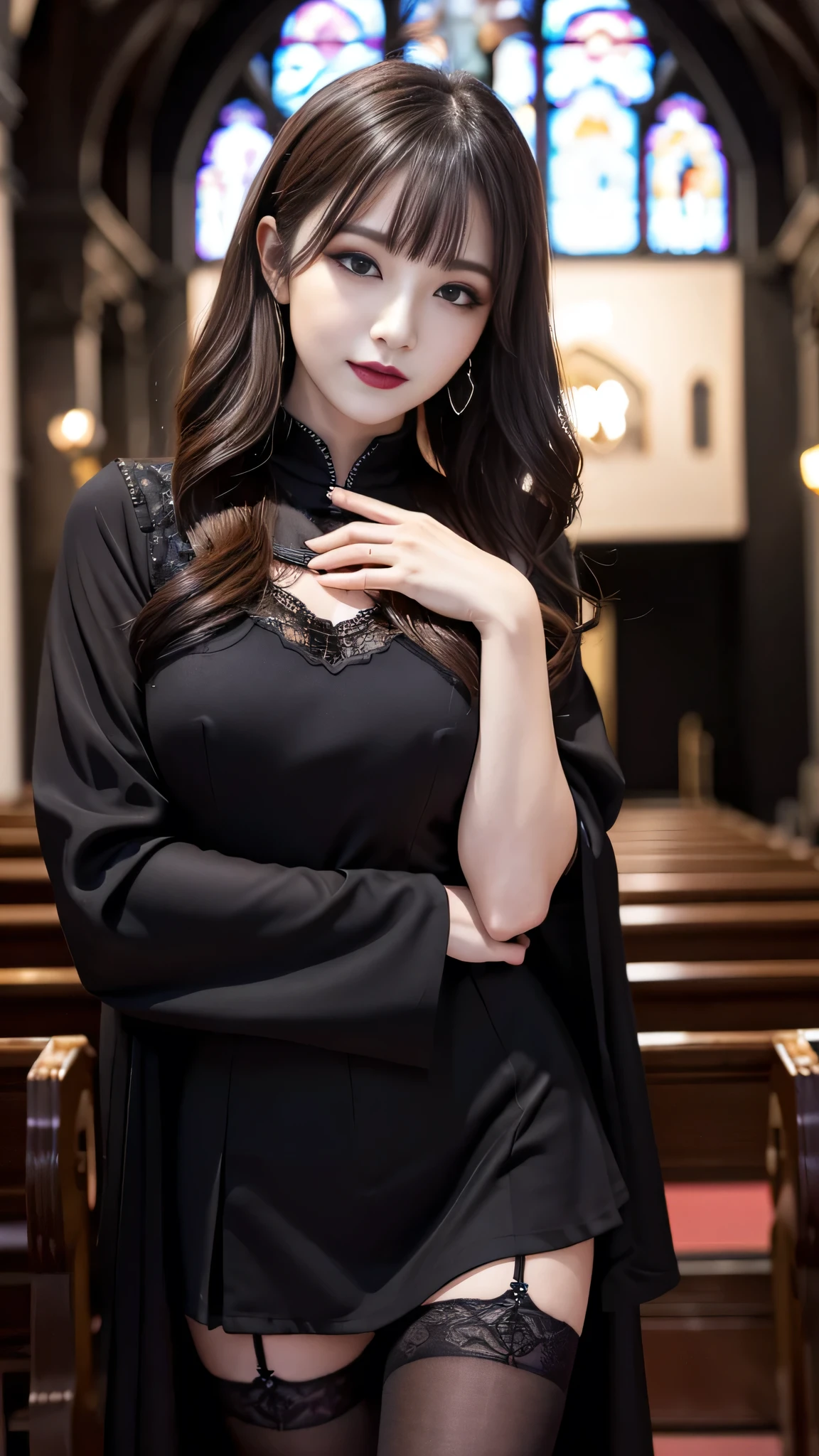 best quality、ultra-detailed、8k、Japanese、Japanese、Seductive beauty、seductive adult woman、Pretty Woman、cool girl、smirk、Wicked Smile、Villainess、brainwash makeup、Brainwashed、brainwash、Fallen into evil、Evil look、evil、Brown hair、wavy hair、swept bangs、dark makeup、piercing eyes、hollow eyes,half-closed eyes、Hollow Eyes、purple Eyeshadow、black lipstick、black lipglos、black elegant dress、wide sleeve、Black flared skirt、skin color pantyhose、stockings、night、inside church、Are standing、Look、Offer、shoot from below、Swear allegiance、I have pledged my allegiance、