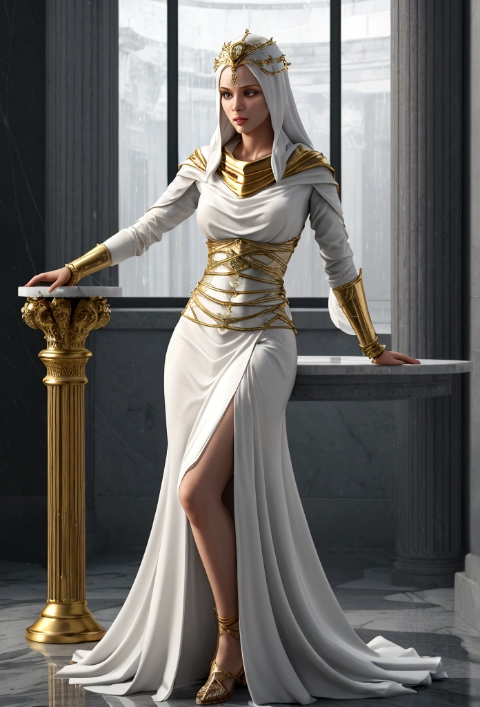 hyperrealism 3d render of a female sorceress +metallic white colored loose-fitting elegant deep-cowl dress + well managed golden metallic conduits+brutalist style white marble furniture in the background+ artistic studio lighting + dancing under the rain