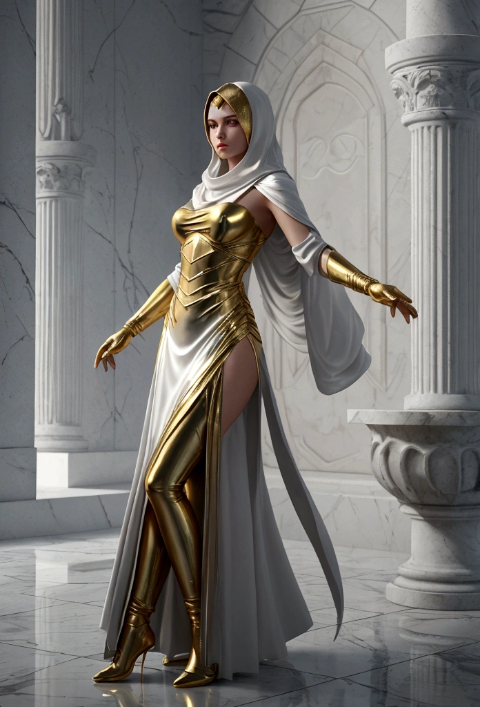 hyperrealism 3d render of a female sorceress +metallic white colored loose-fitting elegant deep-cowl dress + well managed golden metallic conduits+brutalist style white marble furniture in the background+ artistic studio lighting + dancing under the rain