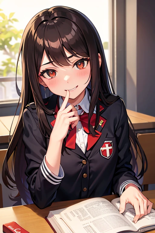 Chica anime de aspecto intimidante, with long brown hair, ojos rojos, She is sitting cross-legged at a desk in a school room, lleva uniforme escolar negro, smiles in a Machiavellian and sensual way, with a lascivious and ecstatic expression on his face. Tiene una Coca-Cola espumosa en sus manos