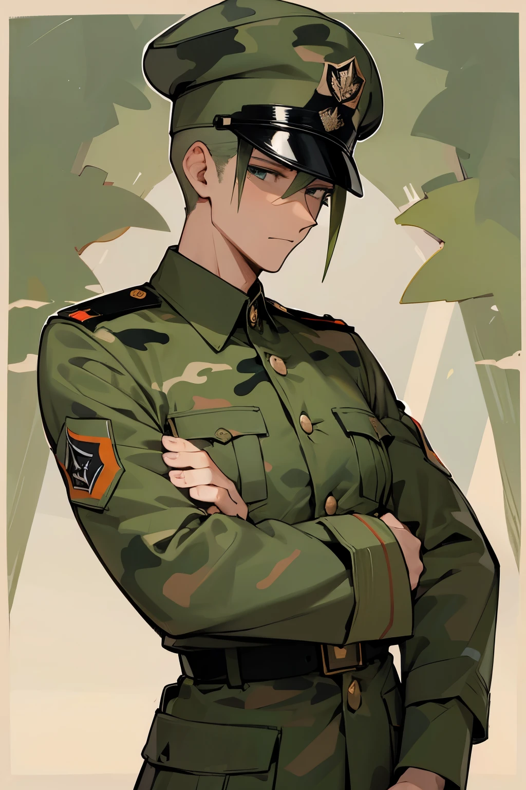 Um homen militar, de uniforme e boina de recruta, and uniform with European forest camouflage