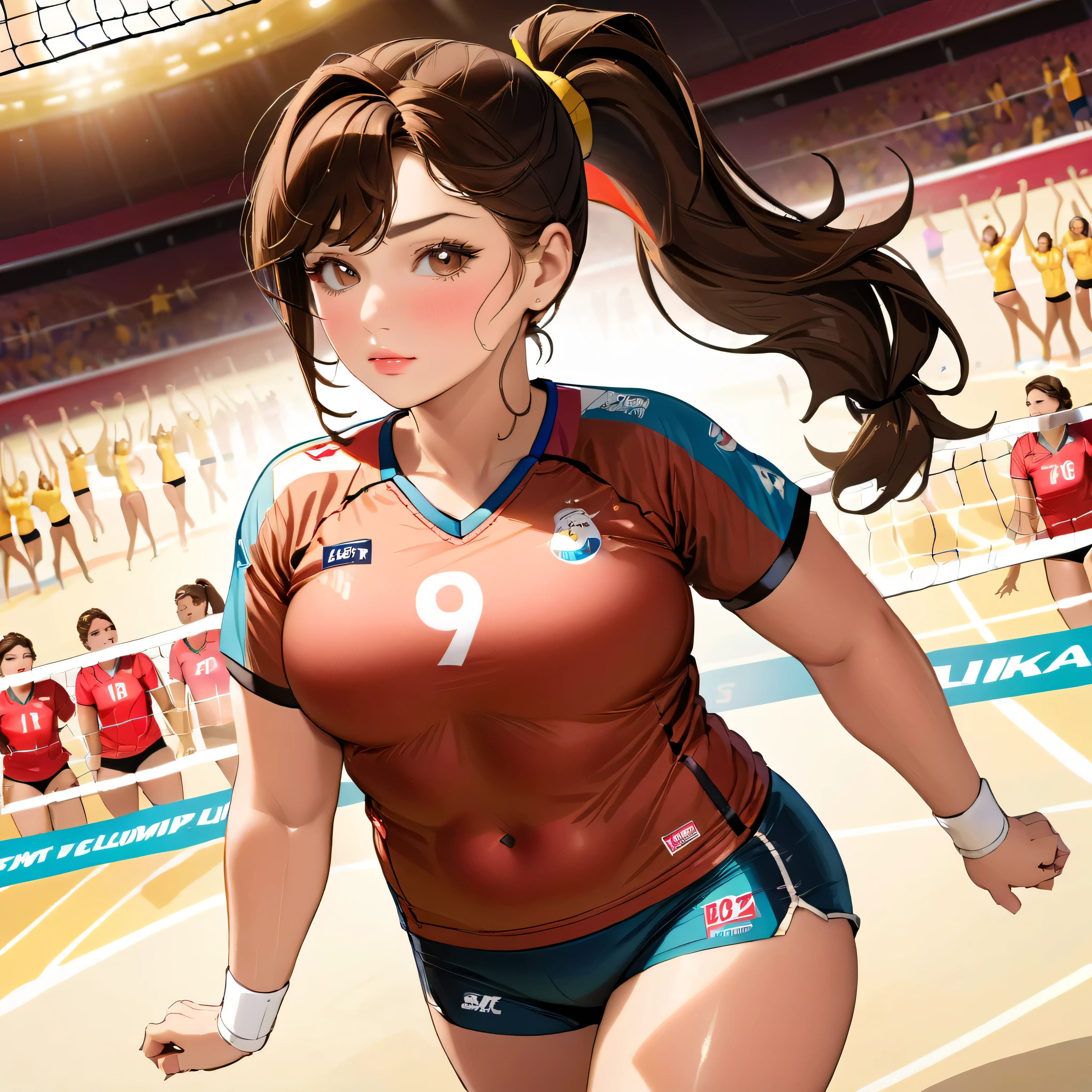 ((portrait)), (1 milf:1.37), 58 years old, ((lines and wrinkles:1.37)), ((facial wrinkles:1.37)), (Beautiful high resolution 32k, Absurd art), woman with chubby body, japanese woman, stand, fat body, flabby stomach, heavy chest, ((volleyball player)), Tempting, ((in a huge arena:1.37)), above the knee shot, face focus, Depth of written boundary, (red uniform), ((Volleyball short sleeve uniform:1.37)), ((bloomers:1.37)), supporter, Chest does not emphasize, (highest quality:1.4), 32K resolution, (realistic:1.5), (Super realistic:1.5), High resolution 32k UHD, (masterpiece:1.2)), (Improvement of quality:1.4), finely,(very beautiful facial details), (Highest quality realistic skin texture:1.4), (perfect anatomy:1.2), precise fingers, Super detailed, symmetrical eyes, look up at the audience, (oily skin:1.37), ((plump face)), (bulging cheeks), (lipstick:1.1),(eyeliner:1.05), (mascara:1.05), (eye shadow:1.05), ((A good eye for quality:1.2)), (tired, sleepy and satisfied:0.0), (beautiful lips:1.33), (Great nose:1.2), (glamorous body), (big breasts:1.2), (Glamour lower body), (brown hair, ponytail, wavy hair, asymmetrical bangs:1.37), dissatisfied face, light shines in, Light and shadow are clear, Professional Cinema Lighting. --v 6 --s 1000 --c 20 --q 5