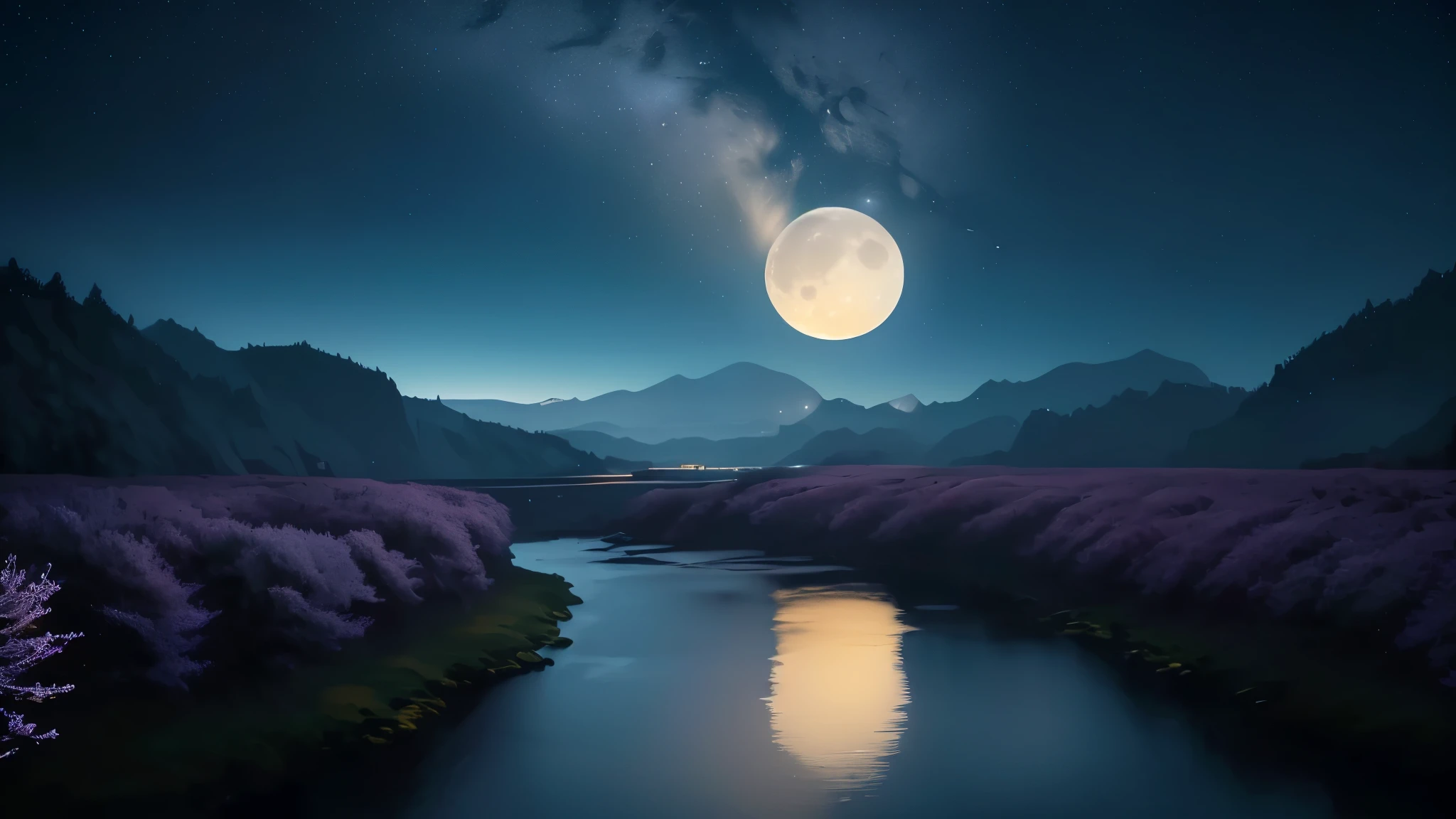 Starry night view with river and full moon, Moonlit Night dreamy atmosphere, Natural scenery at night, Moonscape, Beautiful moonlight night, Beautiful moonlight, Beautiful moonlight, Moonlit Starry Sky Environment, sandy white Moonscape, Realistic moon in background, Big moon above the water, Moonlight Background, Dreamy atmosphere 8k, Moonlit Night, Moon Background