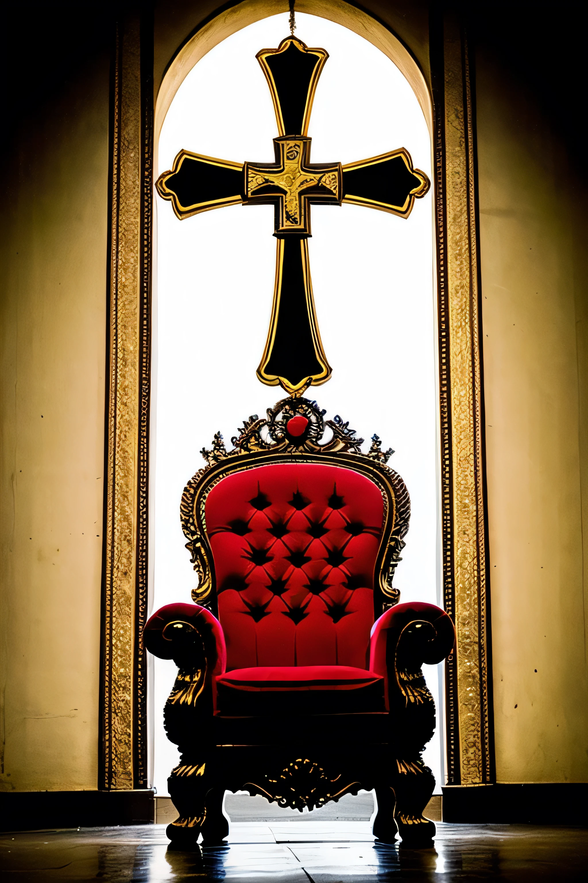 Throne of absolute monarchy empty and with a cross behind 