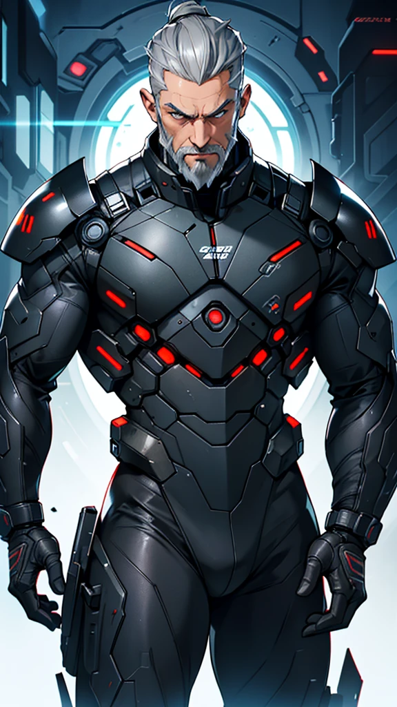 55 year old cybernetic guy in black mobile cybernetic battle suit detailed muscles realistic masterpieces full figure pose (best quality,ultra-detailed), grey hair slicked back, dark eyes, scarred face with beard, fit body, (cocky expression), wearing cybernetic battle spacesuit