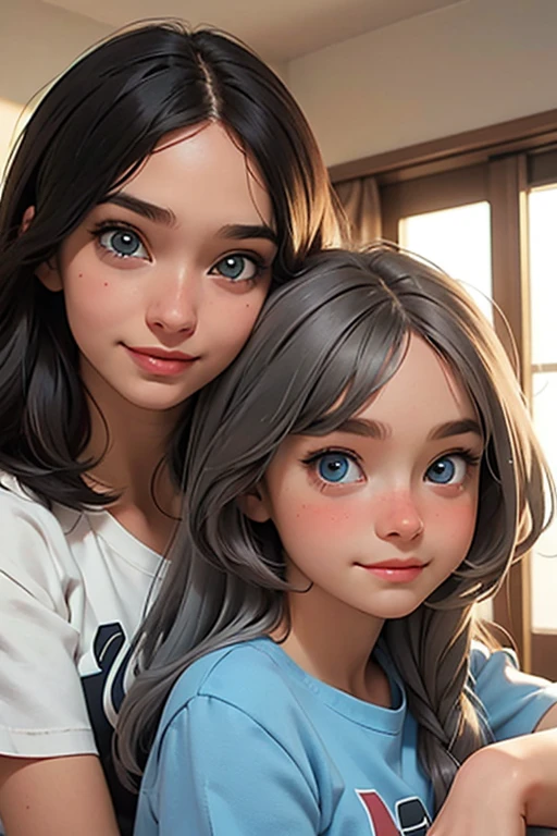 2 sisters; Older brunette sister holding hands of sister with gray hair. The girl looks into his eyes with a wide happy smile and a sweet look of tenderness... Older sister is 18 years old, Huge breasts, short tousled black hair. Younger sister is 14 yea chest, medium length shaggy gray hair. size difference, age difference, Different hair color(Athletic brunette tomboy and gray haired teen), Blue eyes, Long T-shirt. Beautiful,happy, happy, perfect quality, Clear Focus (Clutter - at home: 0.8), (masterpiece: 1.2) (realist: 1.2) (Boke) (better quality) (detailed skin: 1.3) (complex parts) (8K) (Detailed eyes) (sharp focus), (happy)
