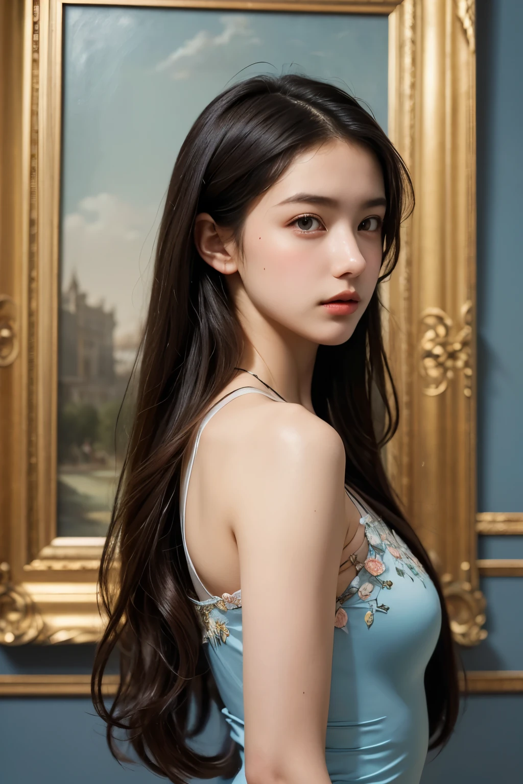 (high quality,masterpiece:1.2),(realistic:1.37)"(best quality, high quality, very detailed, realistic),Beautiful 19th century portrait of a 16-year-old French ballet dancer., (She is half French and half Japanese., And she is a stunning beauty with deep blue eyes and a high nose.:1.1), elaborate ballet costumes, detailed facial features, long, graceful neck, flowing hair, Balanced and elegant posture, Soft and gentle lighting, classic oil painting medium, vivid colors, Subtle background with floral motifs", dreamy atmosphere, surrealism,mysterious aura