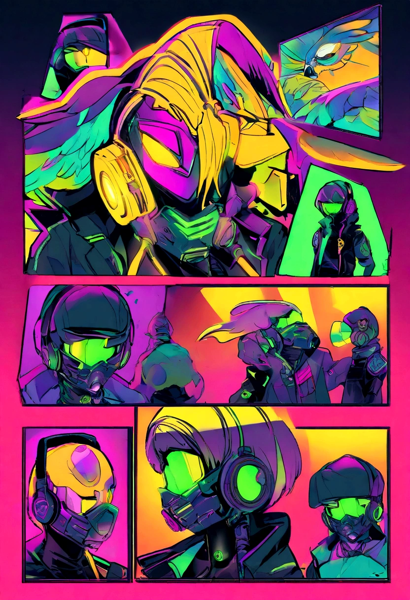 Create a logo icon featuring a cartoon hawk wearing headsets and listening to music, using a mask with yellow glasses. The hawk should be dressed in dark, cyberpunk techno-style clothing. The logo should have a comic book cartoon style, conveying a modern, tech-savvy brand aesthetic.