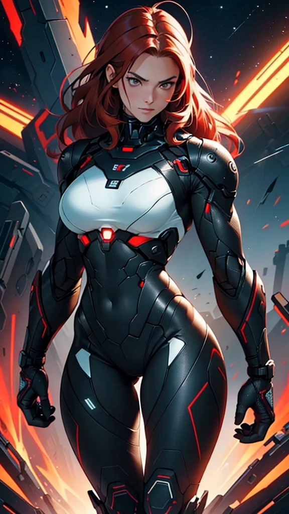 Beautiful cybernetic girl in black mobile cybernetic battle suit detailed muscles realistic masterpieces full figure pose (best quality,ultra-detailed), red-haired girl, brown eyes, fair skin, fit body, slim figure, narrow waist, large buttocks, (cocky expression), wearing full black cybernetic battle spacesuit