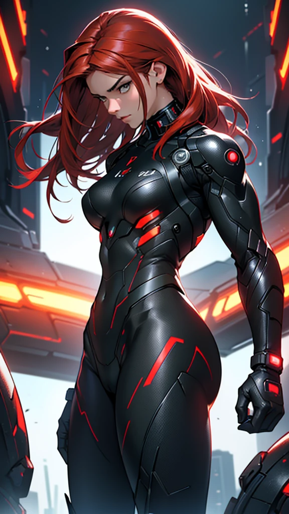 Beautiful cybernetic girl in black mobile cybernetic battle suit detailed muscles realistic masterpieces full figure pose (best quality,ultra-detailed), red-haired girl, brown eyes, fair skin, fit body, slim figure, narrow waist, large buttocks, (cocky expression), wearing full black cybernetic battle spacesuit