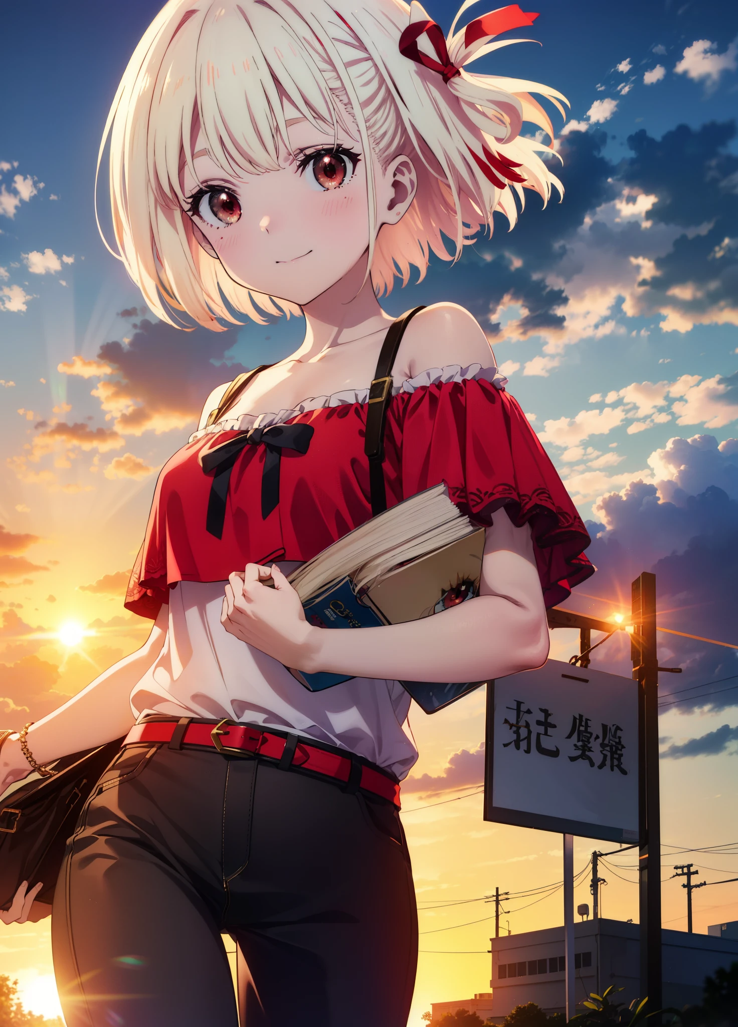 chisatonishikigi, Chisato Nishikigi, short hair, bangs, Blonde Hair, (Red eyes:1.5), Hair Ribbon, One side up, Bobcut,smile,blush,
Cord off-shoulder top,Short sleeve,skinny pants,Stiletto heels,morning,morning陽,The sun is rising,walking,whole bodyがイラストに入るように,
break outdoors, 公園
break looking at viewer, whole body,
break (masterpiece:1.2), highest quality, High resolution, unity 8k wallpaper, (shape:0.8), (Beautiful details:1.6), Highly detailed face, Perfect lighting, Extremely detailed CG, (Perfect hands, Perfect Anatomy),