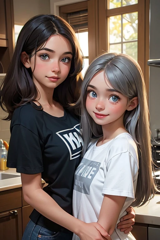 2 sisters; Older brunette sister holding hands of sister with gray hair. The girl looks into his eyes with a wide happy smile and a sweet look of tenderness... Older sister is 18 years old, Huge breasts, short tousled black hair. Younger sister is 14 yea chest, medium length shaggy gray hair. size difference, age difference, Different hair color, different hair lengths (Athletic brunette tomboy and gray haired teen), Blue eyes, Long T-shirt. Beautiful,happy, happy, perfect quality, Clear Focus (Clutter - at home: 0.8), (masterpiece: 1.2) (realist: 1.2) (Boke) (better quality) (detailed skin: 1.3) (complex parts) (8K) (Detailed eyes) (sharp focus), (happy)