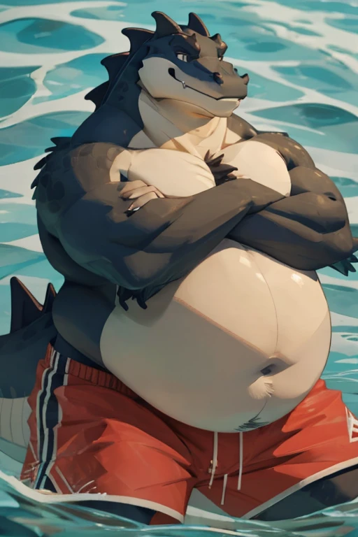  Giant anthropomorphic crocodile, swim trunks, massive, big obese belly, arms crossed , plump face, thick neck, , belly is round, belly is like a ball, stomach is triangular, body is buried by fat