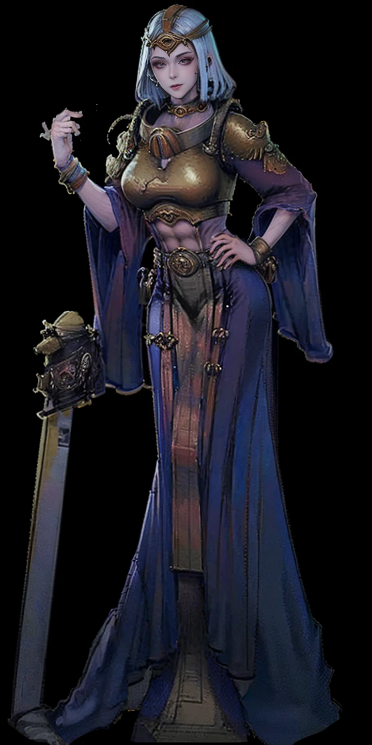 full body toe to head, masterpiece, 1soloMILF BIMBO standing loincloth pose hands on hips, leather collar choker neck bell shackles wristbands bracers bracelets sleeves and stockings, strong body, abs, shiny skin (masterpiece, best quality) 1girlsolo wearing 40K Warhammer sisters of battle whsororitas (plain background)