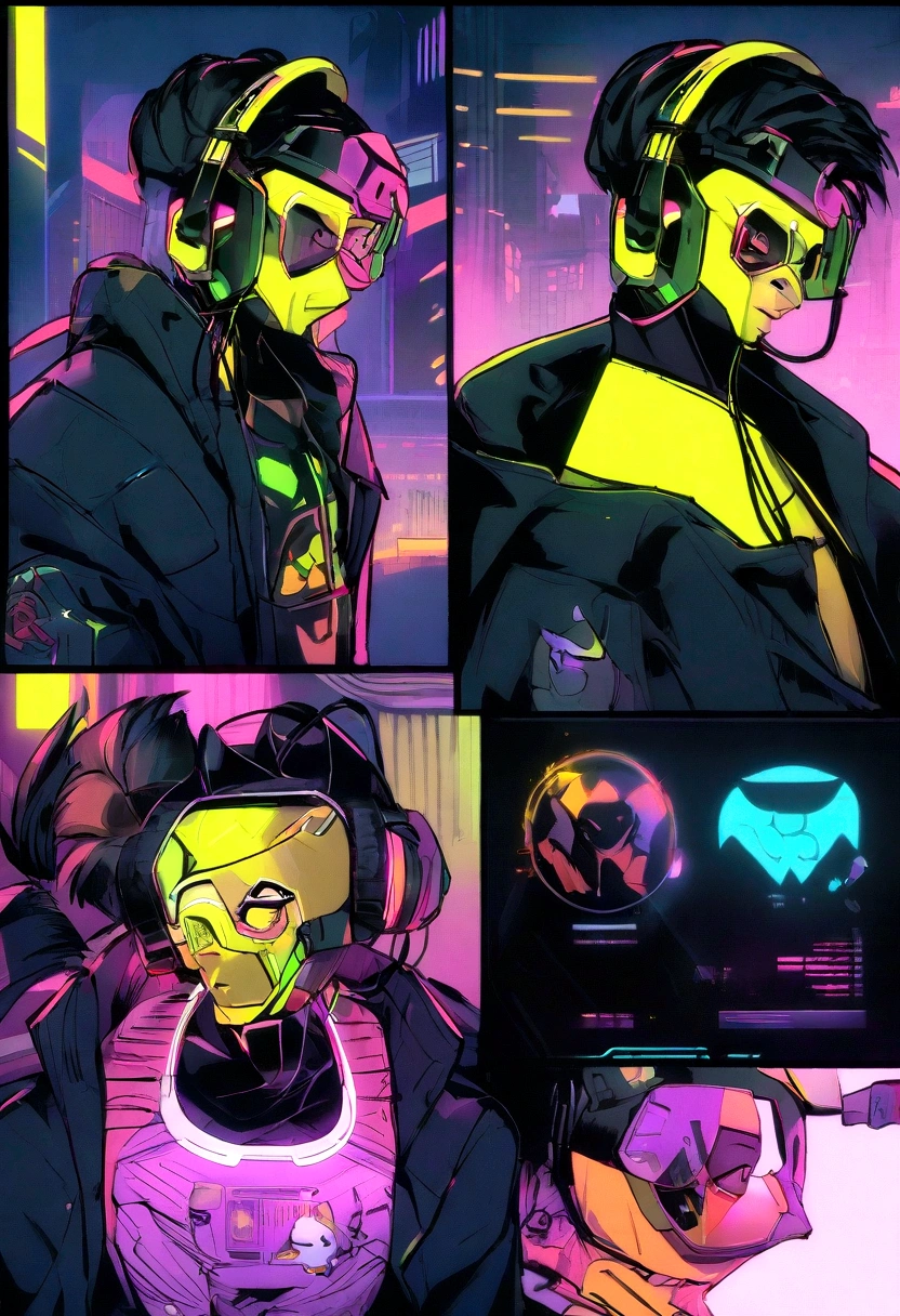 Create a logo icon featuring a cartoon hawk wearing headsets and listening to music, using a mask with yellow glasses. The hawk should be dressed in dark, cyberpunk techno-style clothing. The logo should have a comic book cartoon style, conveying a modern, tech-savvy brand aesthetic.