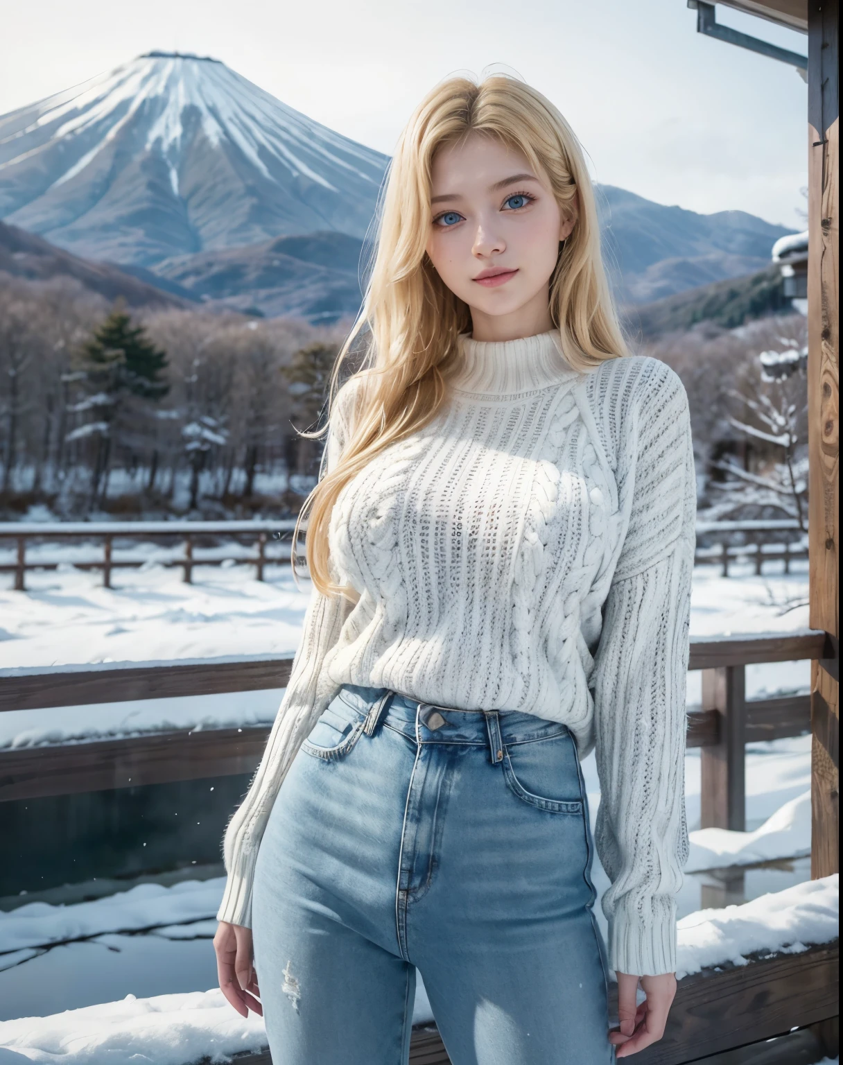 1girl, (Blue Eyes), smiling :1.2, big tits, big ass, wide hips, (Sana Minatozaki), (Best Quality, 8k, Masterpiece: 1.3), Clear Focus: 1.2, Perfect Body Beauty: 1.4, Highly detailed face and skin texture, strong abs, detailed eyes, double eyelids, (blonde long hair :1.2), sweater, (white warm sweater :1.2), jeans :1.1, standing, dynamic pose, in Fuji-Hakone-Izu National Park Japan, snowy day, snow on the ground
