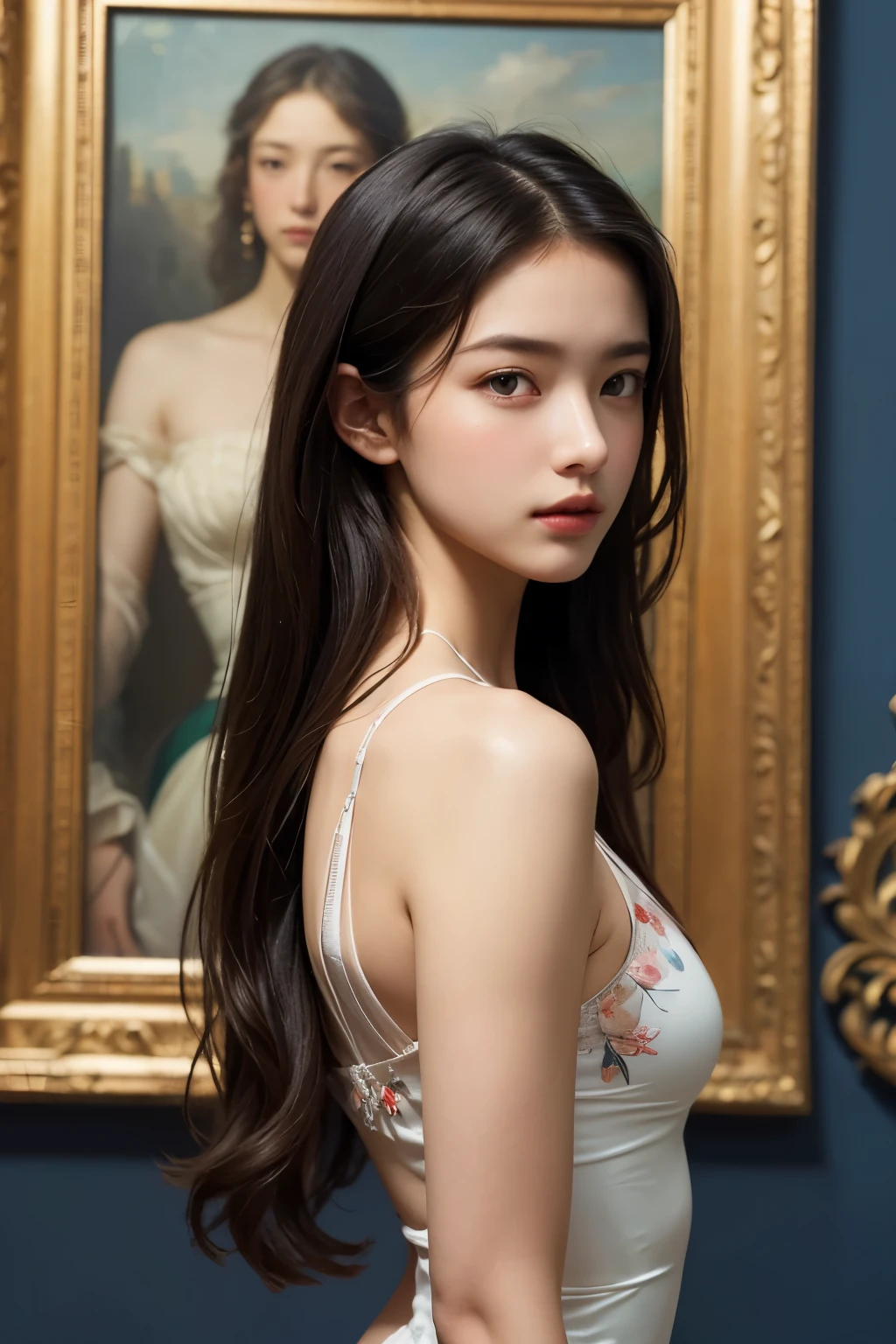 (high quality,masterpiece:1.2),(realistic:1.37)"(best quality, high quality, very detailed, realistic),Beautiful 19th century portrait of a 16-year-old French ballet dancer., (She is half French and half Japanese., And she is a stunning beauty with deep blue eyes and a high nose.:1.1), elaborate ballet costumes, detailed facial features, long, graceful neck, flowing hair, Balanced and elegant posture, Soft and gentle lighting, classic oil painting medium, vivid colors, Subtle background with floral motifs", dreamy atmosphere, surrealism,mysterious aura