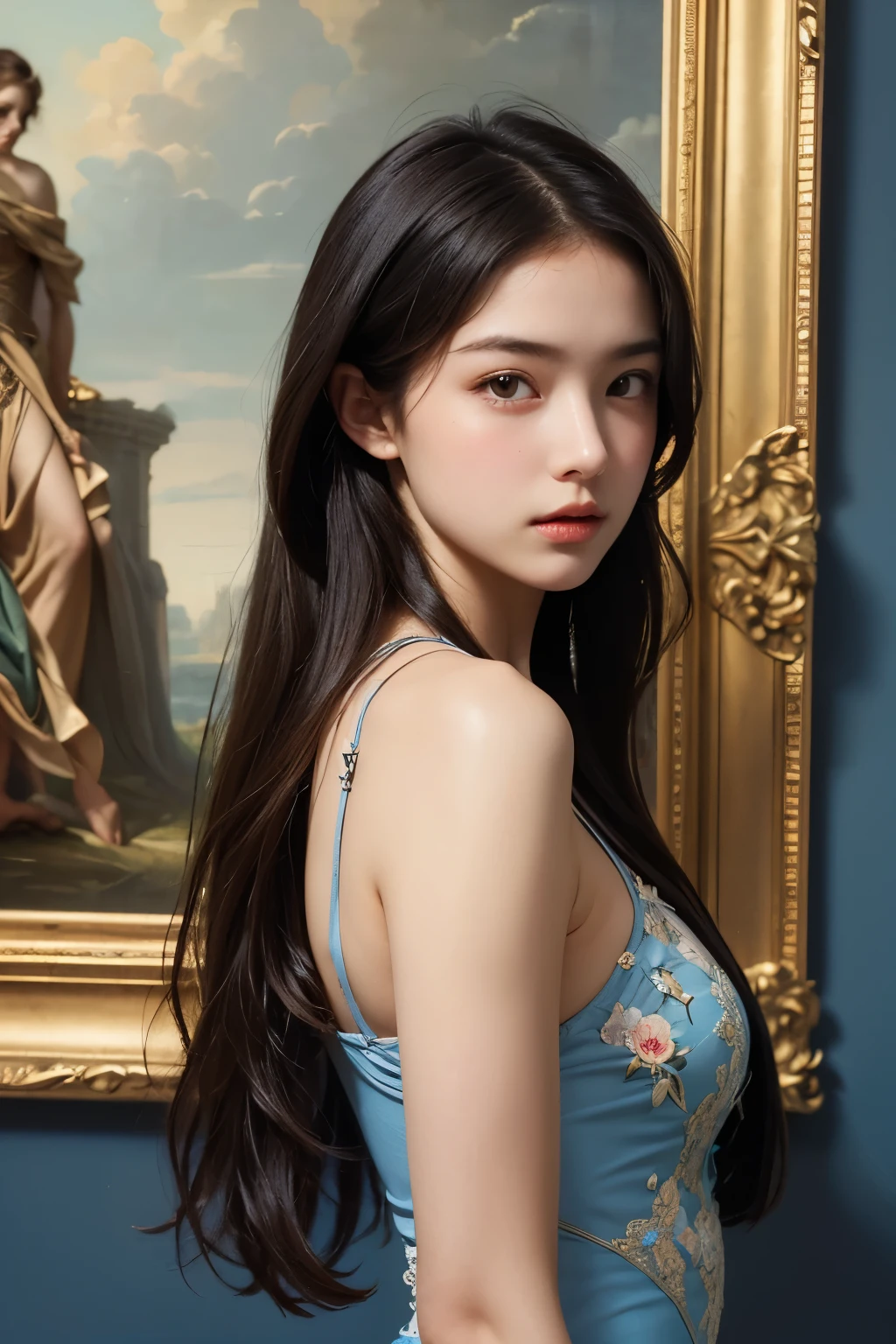 (high quality,masterpiece:1.2),(realistic:1.37)"(best quality, high quality, very detailed, realistic),Beautiful 19th century portrait of a -yeld Frh ballet dancer., (She is half French and half Japanese., And she is a stunning beauty with deep blue eyes and a high nose.:1.1), elaborate ballet costumes, detailed facial features, long, graceful neck, flowing hair, Balanced and elegant posture, Soft and gentle lighting, classic oil painting medium, vivid colors, Subtle background with floral motifs", dreamy atmosphere, surrealism,mysterious aura