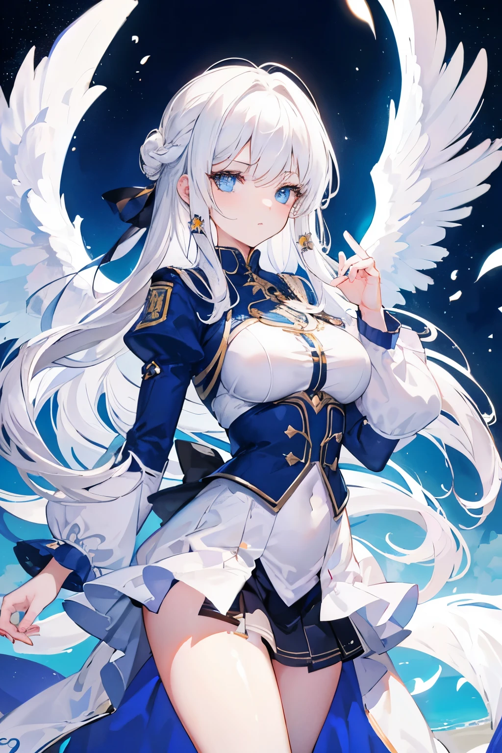 (high quality).(masterpiece)、(Loyal)Girl flying in the sky、has white wings、Big Breasts、blue sky、Big white wings