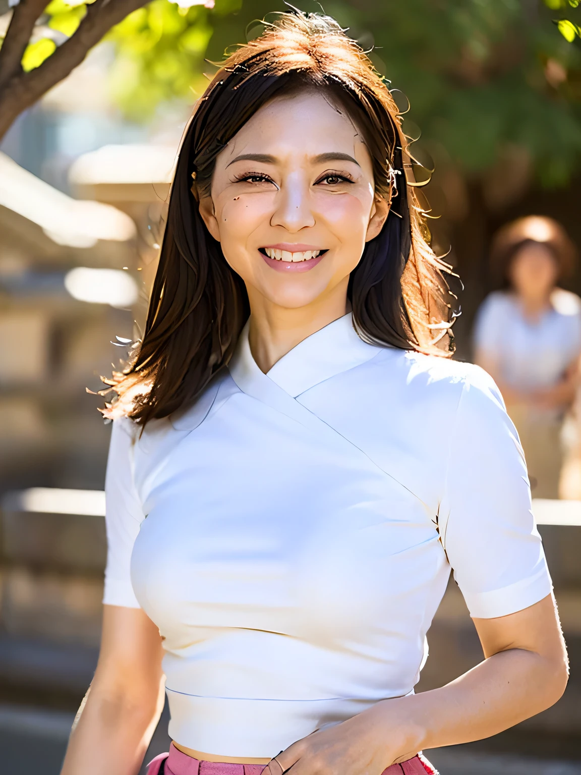 ((highest quality, 8K, Ultra high definition)), ((masterpiece: 1.3)), (Perfect appearance), (Photorealism: 1.6), (JMA), (Portrait of a Japanese mature woman), (Blurred Background: 1.8), (Sunny day in the park), (Woman standing in the shade), ((Looking this way)), ((Realistic skin texture)), (Fine wrinkles all over the skin, Dull skin, Unmoisturized skin, Wrinkles around the eyes, double eyelid, Lower eyelid tear trough, Crying Mole, Dimples), Slightly parted lips, Smiling gently, (Medium wave hairstyle), (A fitted blouse with a wide neckline: 1.2), (Lightweight fabric blouse), (Voluptuous body), (Large Breasts), (Tight long skirt),