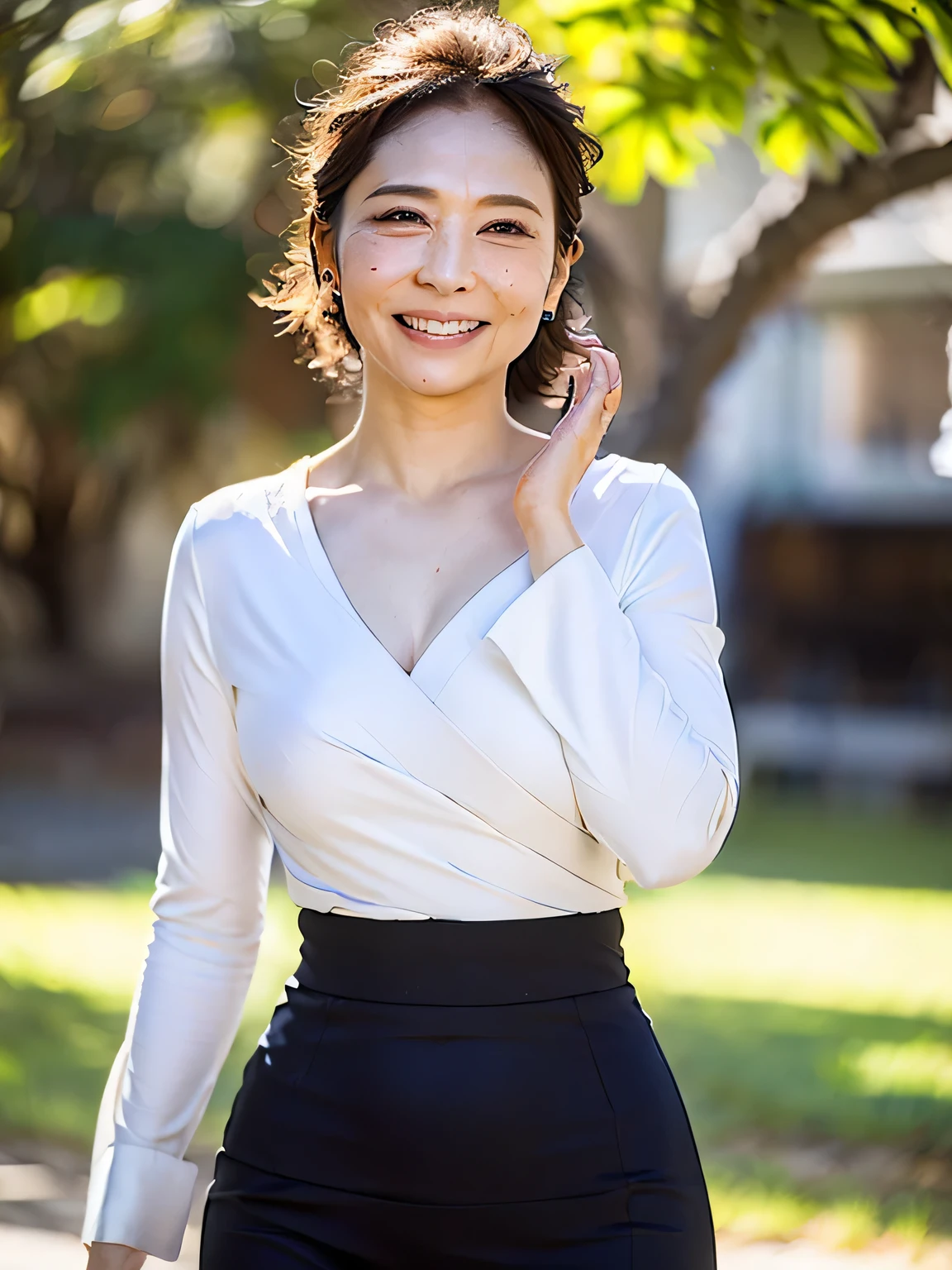 ((highest quality, 8K, Ultra high definition)), ((masterpiece: 1.3)), (Perfect appearance), (Photorealism: 1.6), (JMA), (Portrait of a Japanese mature woman), (Blurred Background: 1.8), (Sunny day in the park), (Woman standing in the shade), ((Looking this way)), ((Realistic skin texture)), (Fine wrinkles all over the skin, Dull skin, Unmoisturized skin, Wrinkles around the eyes, double eyelid, Lower eyelid tear trough, Crying Mole, Dimples), Slightly parted lips, Smiling gently, (Medium wave hairstyle), (A fitted blouse with a wide neckline: 1.2), (Lightweight fabric blouse), (Voluptuous body), (Large Breasts), (Tight long skirt),