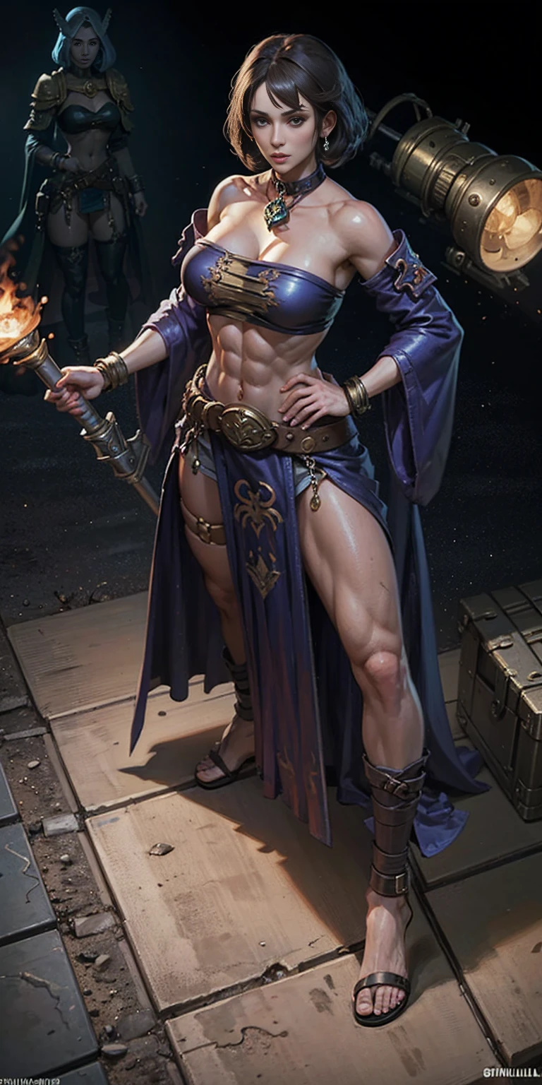 full body toe to head, masterpiece, 1soloMILF BIMBO standing loincloth pose hands on hips, leather collar choker neck bell shackles wristbands bracers bracelets sleeves and stockings, strong body, abs, shiny skin (masterpiece, best quality) 1girlsolo wearing 40K Warhammer sisters of battle whsororitas (plain background)