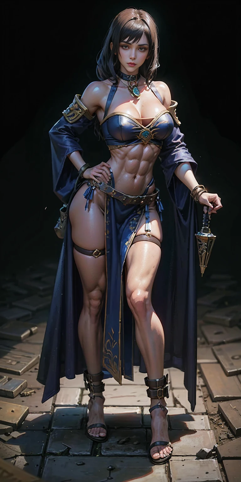 full body toe to head, masterpiece, 1soloMILF BIMBO standing loincloth pose hands on hips, leather collar choker neck bell shackles wristbands bracers bracelets sleeves and stockings, strong body, abs, shiny skin (masterpiece, best quality) 1girlsolo wearing 40K Warhammer sisters of battle whsororitas (plain background)