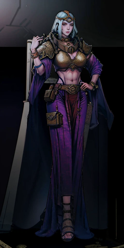 full body toe to head, masterpiece, 1soloMILF BIMBO standing loincloth pose hands on hips, leather collar choker neck bell shackles wristbands bracers bracelets sleeves and stockings, strong body, abs, shiny skin (masterpiece, best quality) 1girlsolo wearing 40K Warhammer sisters of battle whsororitas (plain background)