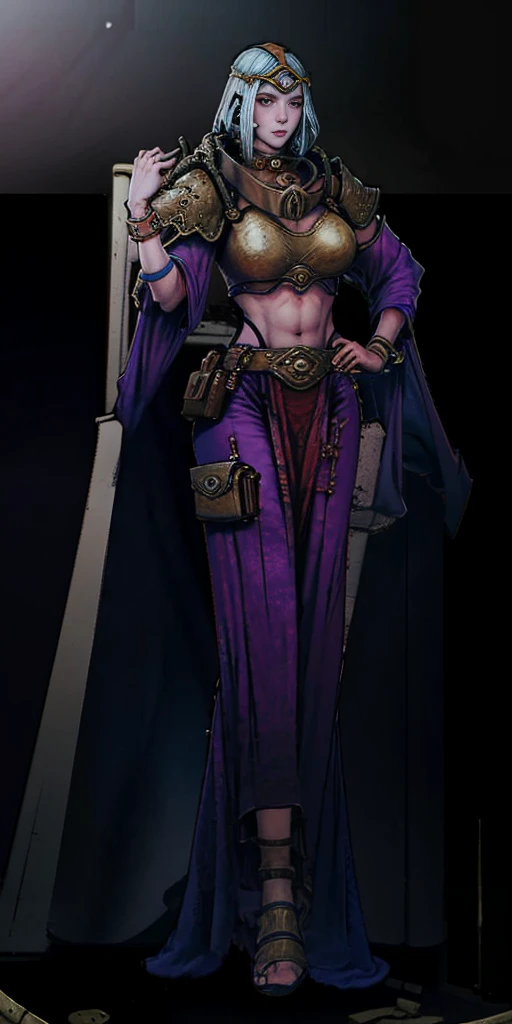 full body toe to head, masterpiece, 1soloMILF BIMBO standing loincloth pose hands on hips, leather collar choker neck bell shackles wristbands bracers bracelets sleeves and stockings, strong body, abs, shiny skin (masterpiece, best quality) 1girlsolo wearing 40K Warhammer sisters of battle whsororitas (plain background)