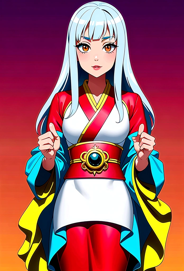**Apariencia:**
Yumeko is a stunning 16-year-old kitsune with sparkling silver hair that falls in soft waves over her shoulders.. Sus ojos, de un color violeta profundo con destellos dorados, brillan con una chispa misteriosa y cautivadora, emanating a magical and ethereal aura. Sus orejas de zorro, puntiagudas y adornadas con un pelaje blanco sedoso, se erigen con majestuosidad sobre su cabeza, displaying small golden markings that highlight its ancestral lineage. Sus quince colas, densas y esponjosas, They are covered with fur that varies between silver and gold tones at the tips, each decorated with elegant patterns that highlight their unique beauty and unparalleled power.
**Vestimenta:**
Yumeko always wears an exquisite traditional Japanese kimono made of the highest quality silk. The kimono is adorned with intricate floral details, donde flores de cerezo y lirios dorados se entrelazan armoniosamente, destacando su belleza natural. La prenda tiene un fondo de color azul profundo que contrasta con los vivos colores de los bordados. La obi, o faja, It is shiny gold and decorated with stylized leaf and fox motifs., adding a touch of elegance and majesty. Its long, wide sleeves are lined with a delicate satin fabric., y cada movimiento de Yumeko hace que el kimono parezca fluir como el agua.
Completa su atuendo un colgante en forma de zorro que cuelga delicadamente alrededor de su cuello, made of jade and adorned with small gems that reflect light with green and gold sparkles. Este colgante no solo es un accesorio, but also a symbol of their ancestral lineage.