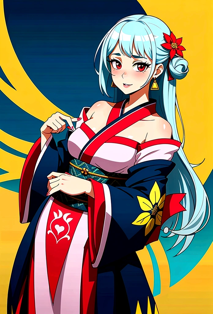 (masterpiece, best quality:1.2), intricate details,  <lora:GoodHands-beta2:1>,  <lora:yamato:1>, yamato, 1girl, long hair, oni, curled horns, multicolored horns, hair ornament, earrings, bare shoulders, large breasts, sleeveless kimono, high ponytail, smile