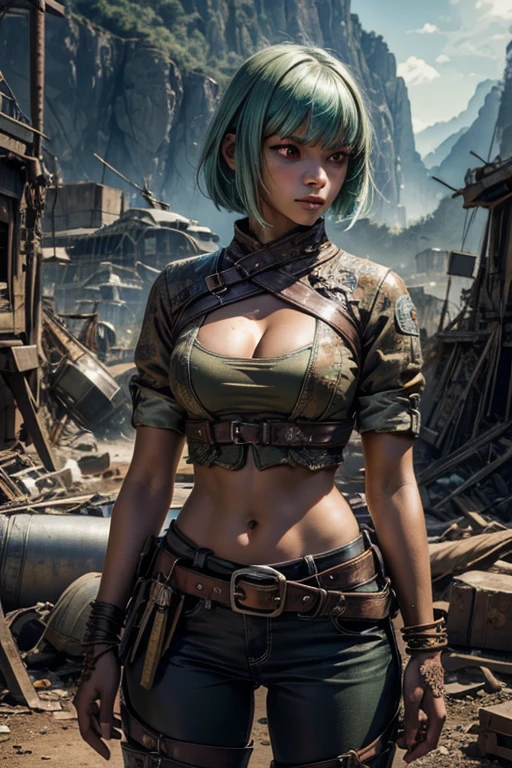 emeraldsustrai, emerald sustrai, short hair, (red eyes:1.5), green hair, dark skin, dark-skinned female, BREAK navel, cleavage, midriff, belt, cleavage cutout, chaps,  BREAK (standing in aircraft scrapyard), in valley, BREAK mountains in background, waterfall, crowd, (crowd in military dress), post-apocalypse, dystopian future, (volumetric lighting),  intricate details, tonemapping, sharp focus, hyper detailed, (cowboy shot:1.5), BREAK (masterpiece:1.2), best quality, high resolution, unity 8k wallpaper, (illustration:0.8), (beautiful detailed eyes:1.6), extremely detailed face, perfect lighting, extremely detailed CG, (perfect hands, perfect anatomy), 