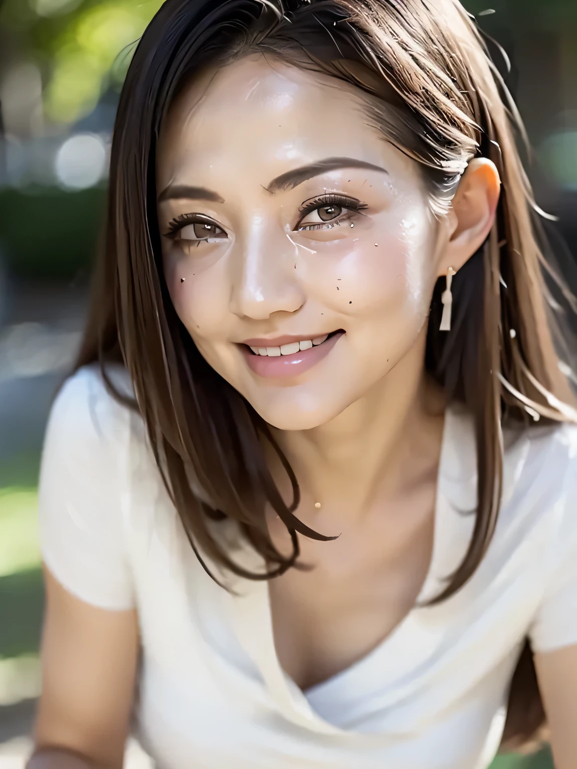 ((highest quality, 8K, Ultra high definition)), ((masterpiece: 1.3)), (Perfect appearance), (Photorealism: 1.6), (JMA), (Portrait of a Japanese mature woman), (Blurred Background: 1.8), (Sunny day in the park), (Woman standing in the shade), ((Looking this way)), ((Realistic skin texture)), (Fine wrinkles all over the skin, Dull skin, Unmoisturized skin, Wrinkles around the eyes, double eyelid, Lower eyelid tear trough, Crying Mole, Dimples), Slightly parted lips, Smiling gently, (Medium wave hairstyle), (A fitted blouse with a wide neckline: 1.2), (Lightweight fabric blouse), (Voluptuous body), (Large Breasts), (Tight long skirt),
