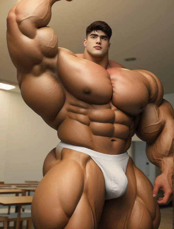 1boy, giant, model shoot style, staring, illuminating light, strong body, bulk, large size, armpit, in the white interior room, nude, white triangular underwear, prominent bulge, big, brutalmass, giant, muscular body, bulk, massive body, large meaty body size