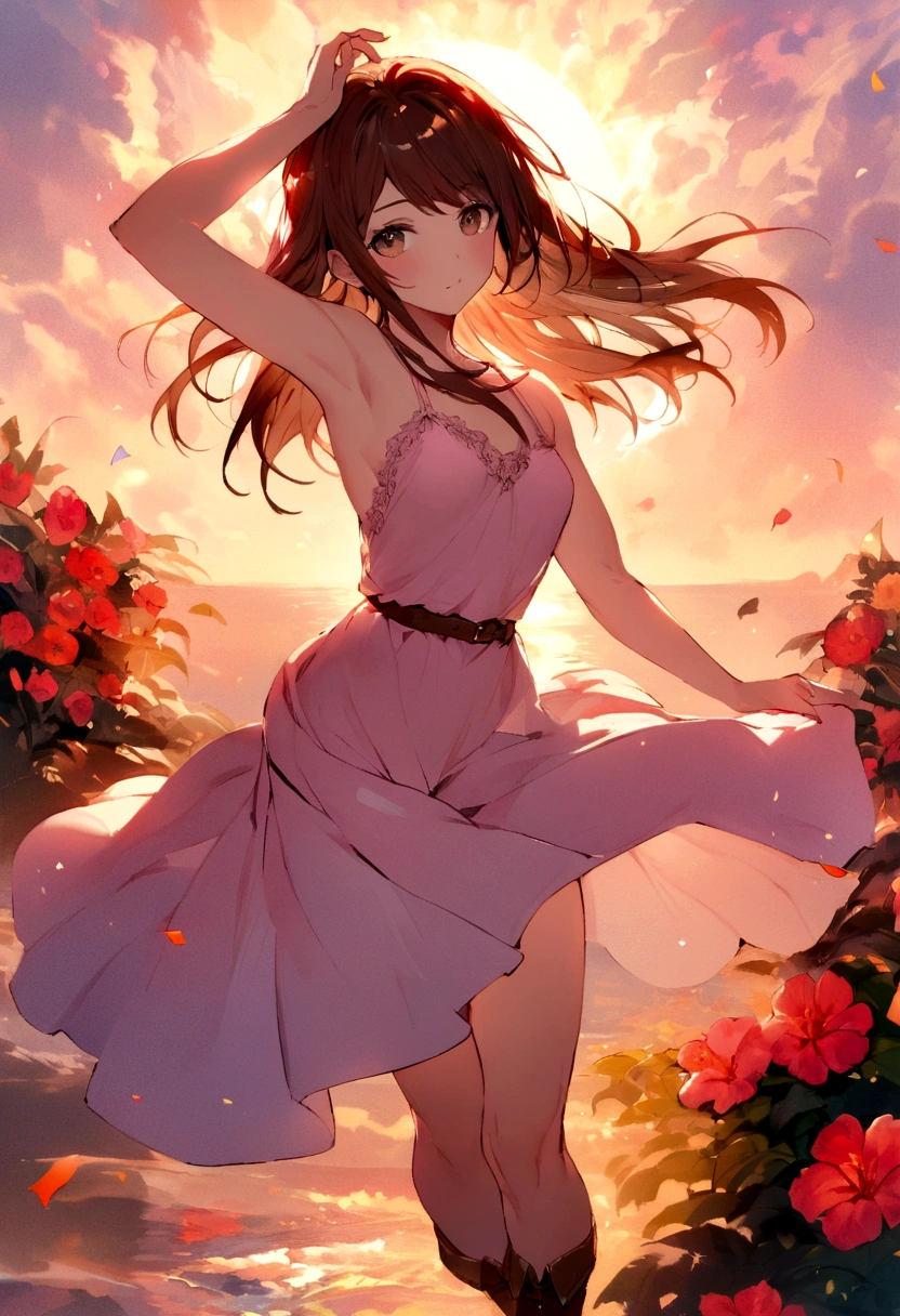 （best qualtiy，tmasterpiece，watercolor paiting，Splash ink），1 Beautiful and delicate portrait of a young woman, toned arms, arm up, Background with:Confetti drifts in the air, Very pastel，Very soft，swept bangs, very long brown hair, Keep hair long to the waist、brown eyes, toned arms, small breasts, Hair fluttering in the wind，backless pink sundress, brown belt, brown boots, Sony FE 12-24mm F/2.8 grams，Examine brush strokes,, Backlit lighting, full bloom, Fuji colors, kanon, hyper HD, masterpiece, Anatomically correct, Best Quality, Textured skin,full body、looking to side、look up sky、Dusk, tropical, colorful flowers 