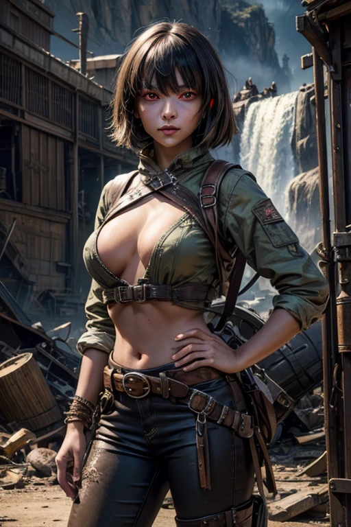 emeraldsustrai, emerald sustrai, short hair, (red eyes:1.5), green hair, dark skin, dark-skinned female, BREAK navel, cleavage, midriff, belt, cleavage cutout, chaps, BREAK (standing in aircraft scrapyard), in valley, hand on hip, BREAK mountains in background, waterfall, crowd, (crowd in military dress), post-apocalypse, dystopian future, (volumetric lighting), intricate details, tonemapping, sharp focus, hyper detailed, (cowboy shot:1.5), BREAK (masterpiece:1.2), best quality, high resolution, unity 8k wallpaper, (illustration:0.8), (beautiful detailed eyes:1.6), extremely detailed face, perfect lighting, extremely detailed CG, (perfect hands, perfect anatomy),
