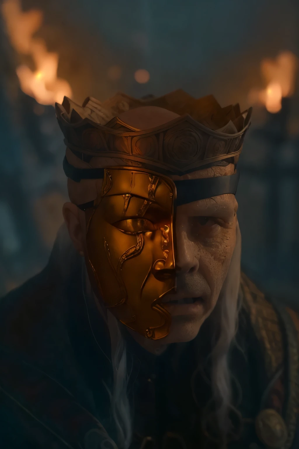 
(masterpiece, best quality:1.2), (((1 Man, male))), upper Body, (((Cinematic epic poster))) of Sick Viserys ,((old man 80 years old)), (((hotting face))) , zombie , ((wearing a golden mask on half face, crown on her head)),  Gothic style, (((detailed face))), (a detailed RAW photo of a ), (master part:1.0), (best quality:1.4), (Ultra Highres:1.2), (photorealistic:1.4), 8K resolution, Canon EOS R5, 50 millimeters, Absurd, Ultra Detailed, sharp focus, Cinematic lighting, detailed face, (ULZZANG-6500-V1.1), detailed skin texture, pale skin, chest round, (pale :0.5), Cinematic lighting. (((Abstract flame background, cinematic lighting ))) 