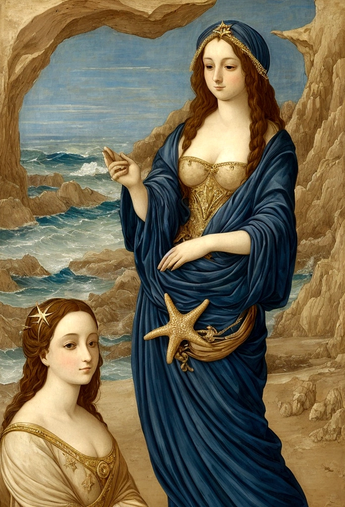a woman with a starfish over her eyes wearing it as if it were a mask over her eyes and the starfish has small blue lights that shine, the woman stands on a black stone carved with symbols in a rough sea rising hands towards the sky in a Sandro Botichelli style painting, with slightly blue skin and small scales on her face, she has long hair decorated with gold and pearly tiaras and breasts covered with shells (Lying position on the carved rock with a pronounced mermaid tail )