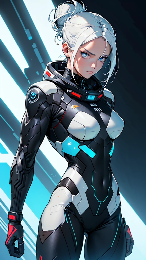Beautiful cybernetic girl in black mobile cybernetic battle suit detailed muscles realistic masterpieces full figure pose (best quality,ultra-detailed), white-haired girl, vibrant blue eyes, large messy bun, fair skin, fit body, slim figure, narrow waist, large buttocks, (confident expression), black cybernetic battle spacesuit, space ween thighs, confident facpression