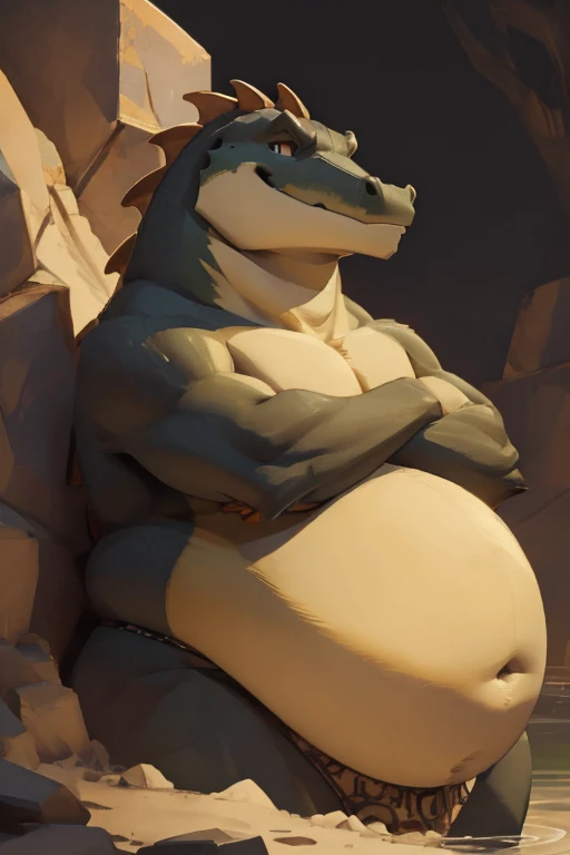 Alligator,fat,  green skin, yellow chest, yellow pecs, bara, huge belly,, , masculine, furry, scalie, big feet, 3 toes, plantigrade feet, swollen soles, growing feet, sweaty soles, sweating, sweat, orange soles, big pecs, muscles, 
