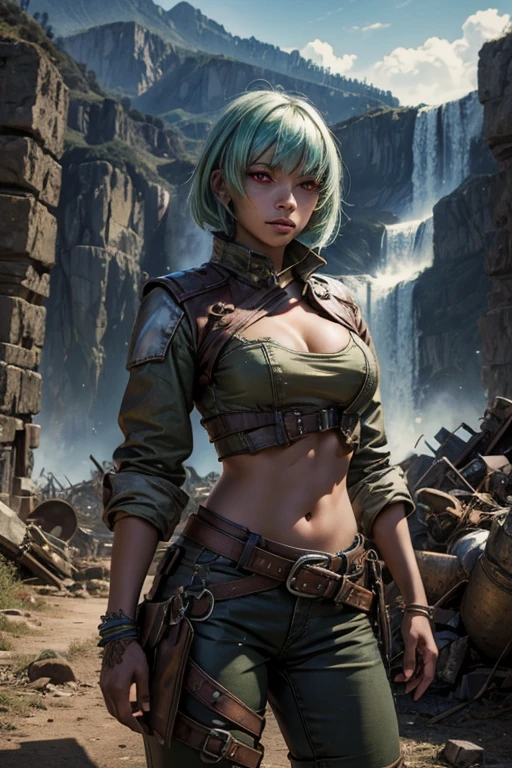 emeraldsustrai, emerald sustrai, short hair, (red eyes:1.5), green hair, dark skin, dark-skinned female, BREAK navel, cleavage, midriff, belt, cleavage cutout, chaps,  BREAK (standing in aircraft scrapyard), in valley, hand on hip, BREAK mountains in background, waterfall, crowd, (crowd in military dress), post-apocalypse, dystopian future, (volumetric lighting),  intricate details, tonemapping, sharp focus, hyper detailed, (cowboy shot:1.5), BREAK (masterpiece:1.2), best quality, high resolution, unity 8k wallpaper, (illustration:0.8), (beautiful detailed eyes:1.6), extremely detailed face, perfect lighting, extremely detailed CG, (perfect hands, perfect anatomy), 