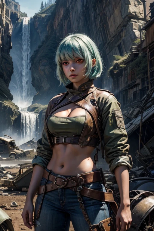 emeraldsustrai, emerald sustrai, short hair, (red eyes:1.5), green hair, dark skin, dark-skinned female, BREAK navel, cleavage, midriff, belt, cleavage cutout, chaps, BREAK (standing in aircraft scrapyard), in valley, hand on hip, BREAK mountains in background, waterfall, crowd, (crowd in military dress), post-apocalypse, dystopian future, (volumetric lighting), intricate details, tonemapping, sharp focus, hyper detailed, (cowboy shot:1.5), BREAK (masterpiece:1.2), best quality, high resolution, unity 8k wallpaper, (illustration:0.8), (beautiful detailed eyes:1.6), extremely detailed face, perfect lighting, extremely detailed CG, (perfect hands, perfect anatomy),