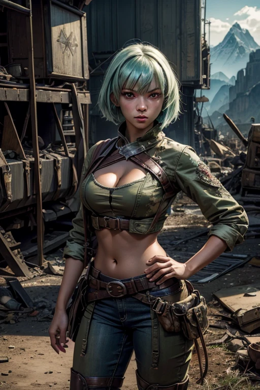 emeraldsustrai, emerald sustrai, short hair, (red eyes:1.5), green hair, dark skin, dark-skinned female, BREAK navel, cleavage, midriff, belt, cleavage cutout, chaps, BREAK (standing in aircraft scrapyard), in valley, hand on hip, BREAK mountains in background, waterfall, crowd, (crowd in military dress), post-apocalypse, dystopian future, (volumetric lighting), intricate details, tonemapping, sharp focus, hyper detailed, (cowboy shot:1.5), BREAK (masterpiece:1.2), best quality, high resolution, unity 8k wallpaper, (illustration:0.8), (beautiful detailed eyes:1.6), extremely detailed face, perfect lighting, extremely detailed CG, (perfect hands, perfect anatomy),