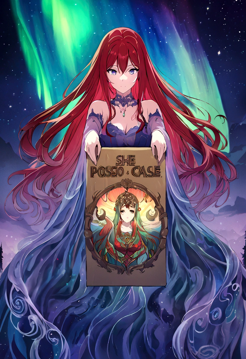 a female anime character with long flowing red hair, which appears to be made of ethereal, wavy patterns reminiscent of the aurora borealis or Northern Lights. The background is dominated by deep blues and purples, creating a mysterious and dramatic atmosphere. The character's face is dark, com pele suave e bronzeada, olhos verdes, She is not wearing any clothes. The overall style of the artwork is reminiscent of the fantasy or supernatural genres, holding a large cardboard sign that says "posso ir na sua casa?"