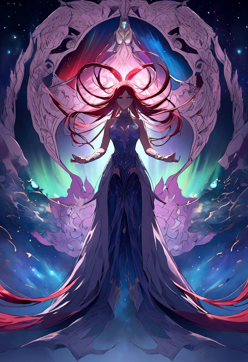 a female anime character with long flowing red hair, which appears to be made of ethereal, wavy patterns reminiscent of the aurora borealis or Northern Lights. The background is dominated by deep blues and purples, creating a mysterious and dramatic atmosphere. The character&#39;s face is dark, com pele suave e bronzeada, olhos verdes, She is not wearing any clothes. The overall style of the artwork is reminiscent of the fantasy or supernatural genres, holding a large cardboard sign that says "posso ir na sua casa?"