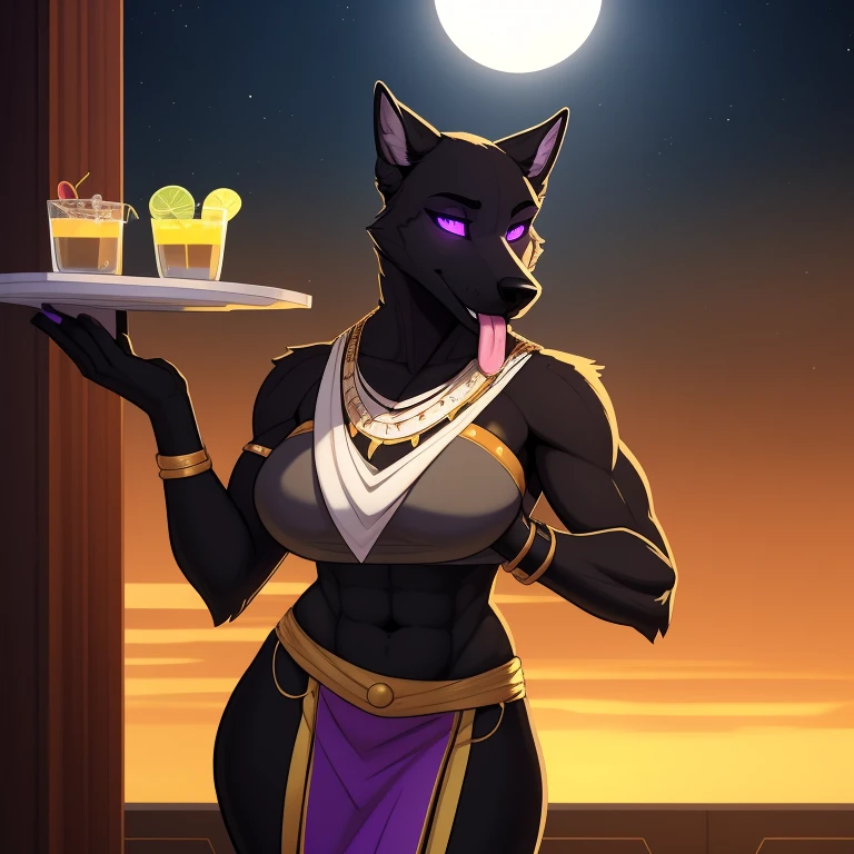 Tall_muscular_warhound female black_furry_body gray_eyes, tribal clothes, yellow_tabard solo Masterpiece best_quality absurdres highly_detailed cleanly_drawn_eyes, hypnotized with glowing purple eyes, tongue out, anthro_only by_claweddrip, by_greasymojo, by_underscore-b, by_runawaystride, carrying a tray with lemonade full body image