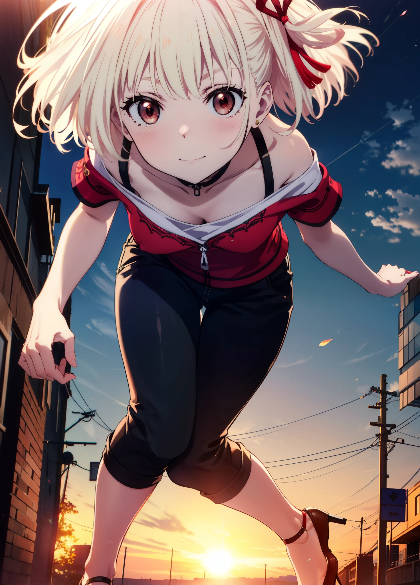 chisatonishikigi, Chisato Nishikigi, short hair, bangs, Blonde Hair, (Red eyes:1.5), Hair Ribbon, One side up, Bobcut,smile,blush,
Cord off-shoulder top,Short sleeve,skinny pants,Stiletto heels,morning,morning陽,The sun is rising,walking,whole bodyがイラストに入るように,
break outdoors, 公園
break looking at viewer, whole body,
break (masterpiece:1.2), highest quality, High resolution, unity 8k wallpaper, (shape:0.8), (Beautiful details:1.6), Highly detailed face, Perfect lighting, Extremely detailed CG, (Perfect hands, Perfect Anatomy),
